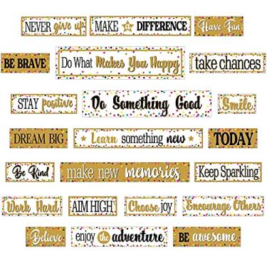 Imagem de 22 peças de decoração motivacional para quadro de avisos, brilho de confetes, frases positivas, bordas para quadro de avisos para sala de aula, escola, casa, doce, berçário, boletim de decoração de parede