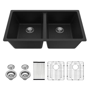 Imagem de Pia de cozinha de tigela dupla - Lordear 78 cm de quartzo embaixo da pia de cozinha granito composto metálico preto tigela dupla profunda 50/50 pias de cozinha com acessórios