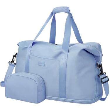 Imagem de Bolsas expansíveis para o fim de semana, bolsa de ginástica, bolsa de viagem feminina, bolsa hospitalar para trabalho de parto e entrega, à prova d'água, leve, com bolsa de higiene pessoal e bolsa de sapatos, Azul claro, Bolsa de viagem expansível