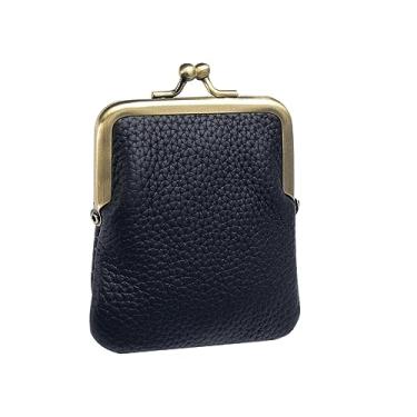 Imagem de NOVIIML men Genuine Leather Clutch Coin Purse Mini Kiss Lock Change Purse Wallet Slim Retro Coin holder Purse (Black)