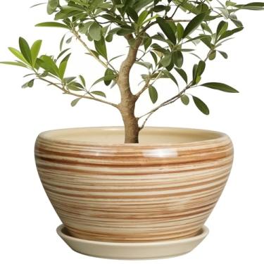 Imagem de Ceramicfor Vaso de cerâmica - Vaso de plantas de 33 cm para plantas de interior com orifício de drenagem e pires, vaso de flores redondo esmaltado para plantas ao ar livre, amarelo