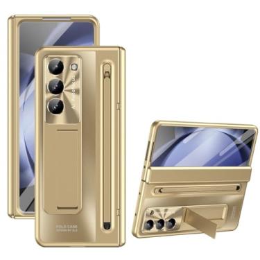 Imagem de 360 capa de dobradiça de proteção completa para Samsung Galaxy Z Fold 5 4 3 Filme de vidro temperado com suporte de capa dobrável para caneta de toque, N dourado, para Z Fold 3