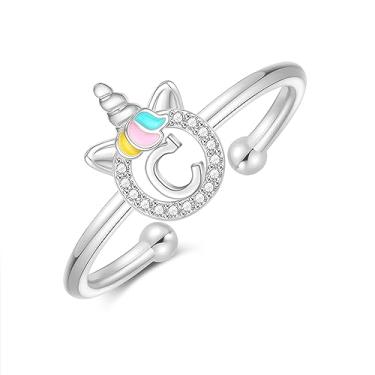 Imagem de CIVOKINA Anéis delicados de unicórnio com inicial para meninas, banhado a ouro 14 quilates/ouro rosa/prata para meninas, lindo anel infantil hipoalergênico, ajustável, com letras para presentes para