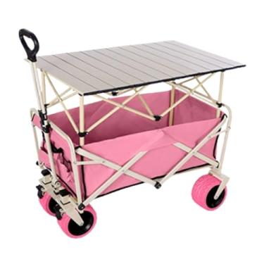 Imagem de carroça Carrinho de vagão com rodas dobrável, carrinho de jardim de acampamento com alça ajustável, vagão de praia com rodas grandes e mesa dobrável dobrável