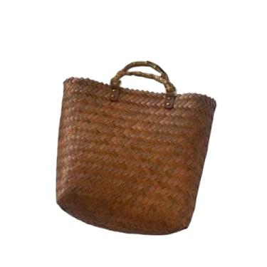 Imagem de Super sacola tecida à mão para mulheres | Bolsa de praia impermeável | Bolsa de verão para praia, piscina e viagem, Cabo de bambu - P, One Size