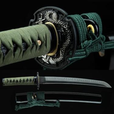 Imagem de BAYCANTO Tanto Sword Handmade Full Tang Clay Temperado 1095 T10 Aço De Alto Carbono Katana Japonesa Curta Real Hamon Samurai Kendo Dull Treasure Wakizashi Espada Vermelha Preta Azul Verde (Marrom) (