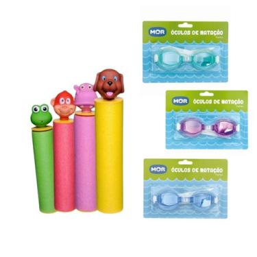 Imagem de Super Kit 4 Lança Agua Bichinhos + Óculos Natação Infantil - Mor