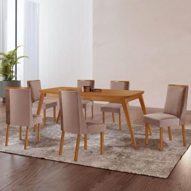 Imagem de Mesa De Jantar Copper Madeira Com 6 Cadeiras Diane Moderna Linho Capuccino/Tork/Naturale