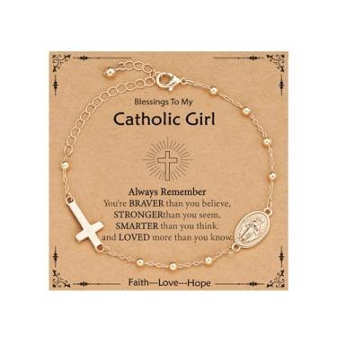 Imagem de VULETO Pulseira Católica Virgem Maria Cruz Presentes para Meninas Adolescentes Mulheres, Rosário Contas Charm Link Pulseira Religiosa Primeira Comunhão Confirmação Batismo Joias Presentes, one size