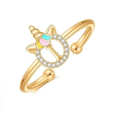 Imagem de CIVOKINA Anéis delicados de unicórnio com inicial para meninas, banhado a ouro 14 quilates/ouro rosa/prata para meninas, lindo anel infantil hipoalergênico, ajustável, com letras para presentes para