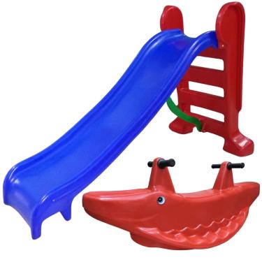 Imagem de Escorregador infantil 3 degraus com gangorra jacaré - vermelho E azul