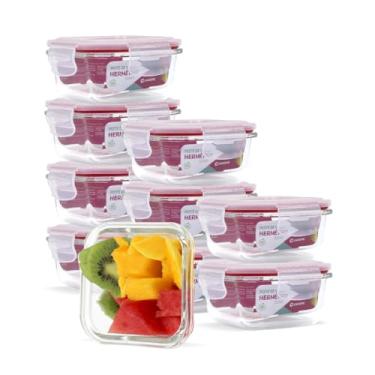 Imagem de Kit Conjunto 10 Potes Vidro Hermético Tampa Plástico Marmita Mantimentos 320ml Cor:Vermelho (LP)