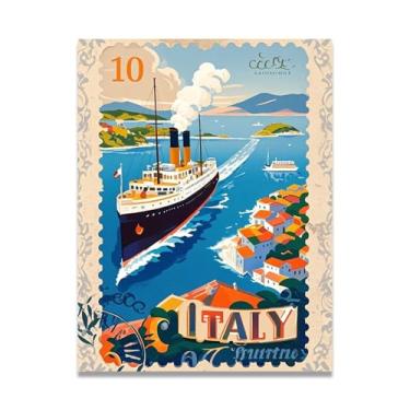 Imagem de Ship On Vintage Postal Vintage Italian Steamship Impressão em tela - Carimbo de papel envelhecido 30 x 39 cm