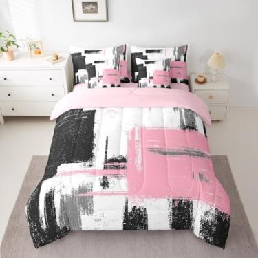 Imagem de Feelyou Conjunto de cama abstrato de 7 peças, arte abstrata, ultramacio, preto, rosa e branco, inclui edredom, conjunto de lençol, fronhas e fronhas, tamanho Queen