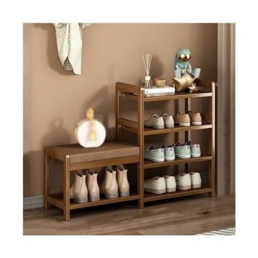 Imagem de TDFXZCSW Sapateira com banco, banco de entrada para sapatos, suporte organizador com prateleiras de armazenamento e almofada de assento para hall de entrada/marrom/120 x 25 x 66 cm