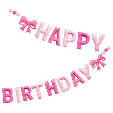 Imagem de Faixa rosa pré-amarrada feliz aniversário feltro bola de lã guirlanda rosa choque arco de conquette guirlanda de feliz aniversário flâmula decorações de festa sinal para mulheres crianças meninas