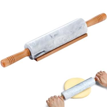 Imagem de Gymdin Rolo de massa de mármore de 48 cm com base de madeira - Superfície antiaderente polida - Rolo de massa longa com cabo de madeira - Rolo de massa para assar, pastelaria, massa de pizza e mais