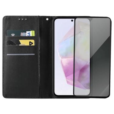 Imagem de Capinha Carteira Flip com Película 3D Privacidade Compatível Samsung Galaxy A35, Preta, Compartimentos para Cartões