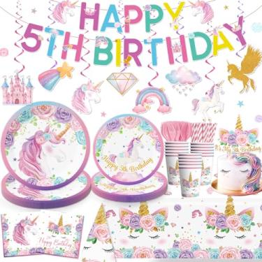 Imagem de Yingoto 162 Peças De Decorações Unicórnio Para 5º Aniversário Menina, Incluindo Pratos E Conjuntos Guardanapos, Faixa, Redemoinhos Pendurados, Toalha Mesa, Topo Bolo, Serve 25 Pessoas