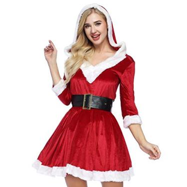 Imagem de ADOMI Fantasia de Papai Noel para mulheres, fantasia de Natal, vestido de Papai Noel, adulto, com capuz, 2 peças, traje de cosplay, Vermelho, M