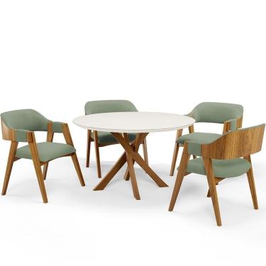 Imagem de Mesa De Jantar Redonda Cora 120cm Off White M04 Com 04 Cadeiras Living Suran Bouclê Oliva - Lyam