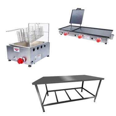Imagem de Kit Lanchonete Mesa De Manipulação 120x55cm + Fritadeira A Gás 1 Cuba + Chapa A Gás 90cm Alcamar