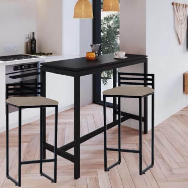 Imagem de Kit 02 Banqueta Alta Com Encosto Núria Balcão Bar Cozinha Bistrô Ferro Preto Suede Bege