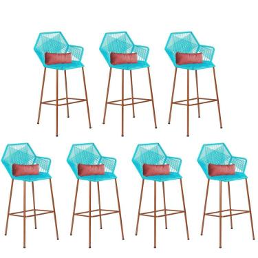 Imagem de Kit 07 Banqueta Alta Sttar Ferro Bronze Fibra Azul Turquesa Almofada Suede Rose Gold