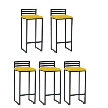 Imagem de Kit 05 Banqueta Alta Com Encosto Núria Balcão Bar Cozinha Bistrô Ferro Preto Suede Amarelo