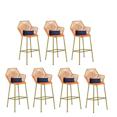 Imagem de Kit 07 Banqueta Alta Sttar Ferro Dourado Fibra Laranja Almofada Suede Azul Marinho