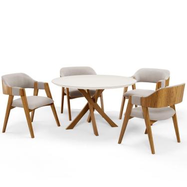Imagem de Mesa De Jantar Redonda Cora 120cm Off White M04 Com 04 Cadeiras Living Suran Bouclê Creme - Lyam