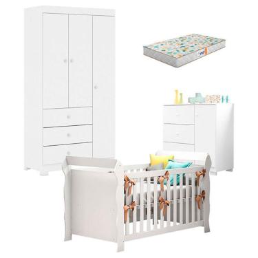 Imagem de Quarto De Bebê Duda 3 Portas E Berço Americano Lara Branco Brilho Com Colchão Gazin - Phoenix Baby