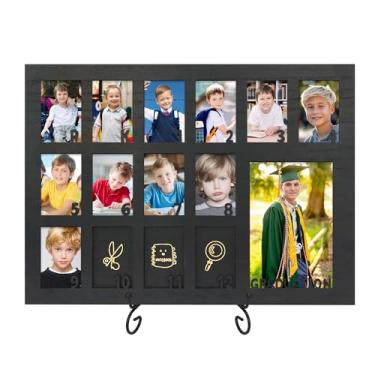 Imagem de FramePro Porta-retratos de anos escolares, pré-escolar a 12, moldura preta para colagem de presente de formatura com cavalete de suporte, exibe uma carteira de 10 x 15 cm e doze fotos de carteira 5 x