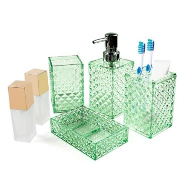 Imagem de Geila Conjunto De Acessórios Para Banheiro Com 6 Peças, Porta-Escovas Dente, Dispensadores Loção E Sabonete, Frascos Viagem, Caixa, Copo, Organizador Penteadeira Estilo Boho (Verde)