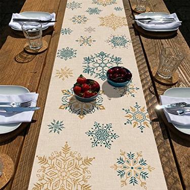 Imagem de Seliem Caminho De Mesa Com Flocos Neve Inverno, Lenço Azul-Dourado, Decoração Natal Para Casa, Cozinha, Fazenda Rústica Sazonal Estopa, Suprimentos Festas, 33 X 122 Cm