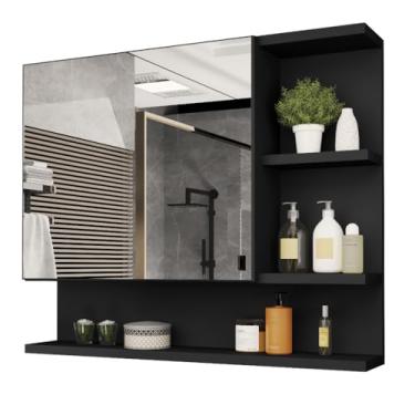 Imagem de Armário da parede do banheiro com organizador do armazenamento do espelho multi-cor design moderno durável salvar o espaço(Preto)