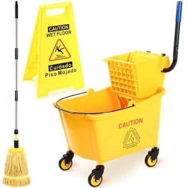 Imagem de Maxdot Balde de esfregão comercial de 35 litros com espremedor nas rodas, conjunto de esfregão industrial e balde com placa de cuidado para limpeza do chão