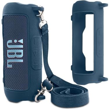 Imagem de co2CREA Capa de silicone para alto-falante JBL Flip 7 portátil à prova d'água, capa macia de viagem portátil com alça de ombro, capa protetora (azul)