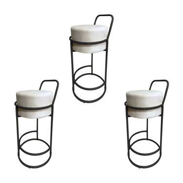 Imagem de Kit 3 Banquetas Alta Redonda Base Preta Veludo - Bege