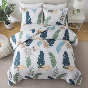 Imagem de Caressma Conjunto de edredom King boêmio com 3 peças, boêmio, folha de palmeira, botânica, tropical, para todas as estações, macio, fofo e leve (1 edredom e 2 fronhas)