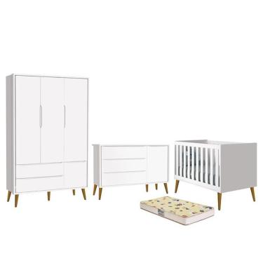 Imagem de Dormitório Infantil Theo Retrô 3 Portas, Cômoda 1 Porta, Berço com Pés Amadeirado e Colchão D18 - Reller Móveis Branco Fosco