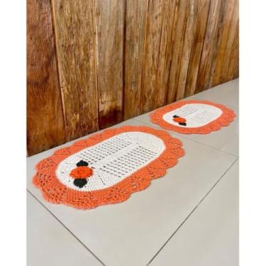 Imagem de Kit 2 Tapetes 70x50cm Oval Bordado Crochê Artesanal (Laranja)