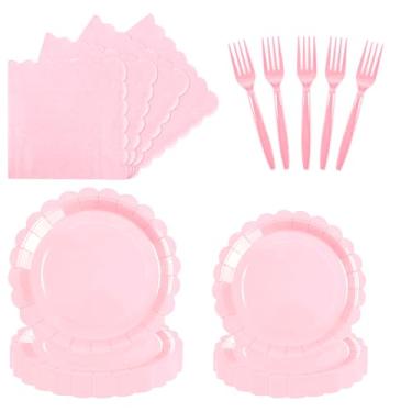 Imagem de heirox Kit de suprimentos de festa rosa claro com 96 peças, incluindo pratos de festa rosa descartáveis, pratos de papel recortados e guardanapos, garfos de plástico para decoração de mesa de