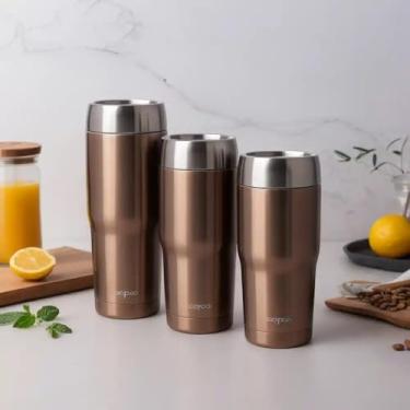 Imagem de Copo Térmico Parede Dupla em Aço Inox Marrom 500ml com Tampa Hermética - Estilo Minimalista