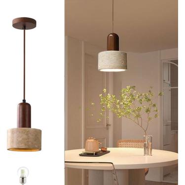 Imagem de Estilo Japonês Wabi Sabi Sombra De Pedra Natural Lâmpada Pendente De Madeira Moderna Led Lustre 4.7in Amarelo Travertino Quarto Luz De Cabeceira Para Sala De Jantar Mesa Teto Pendurado