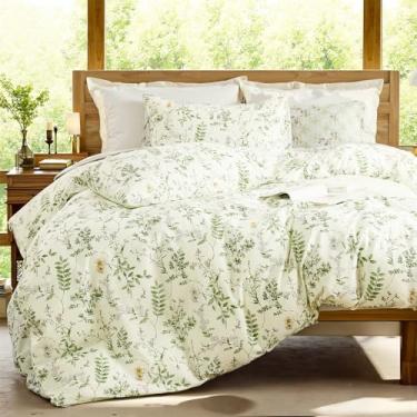 Imagem de Cozaline Capa de edredom verde tamanho Queen - Conjunto de capa de edredom floral reversível 100% algodão natural com fecho de zíper, conjunto de cama verde leve e ultra macio e respirável