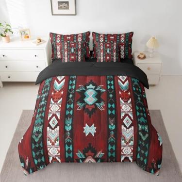 Imagem de Feelyou Jogo de cama king size geométrico vermelho do sudoeste, conjunto de 7 peças, estilo tribal exótico, índio nativo americano em uma bolsa, conjunto de cama com edredom, conjunto de lençóis,