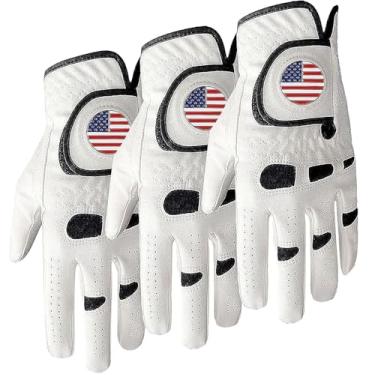Imagem de Luvas de golfe Amy Sport masculina mão esquerda direita com marcador de bola bandeira dos EUA pacote de valor, couro macio clima de aderência luva masculina macia tamanho P M ML G GG, 3 Pack with USA Flag Ball Marker, Large-Worn on Right Hand