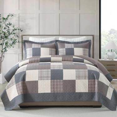Imagem de Finlonte Conjunto de colcha King xadrez – Colcha acolchoada de algodão leve, fazenda, tamanho king, com 2 fronhas, 3 peças, marrom/cinza/bege
