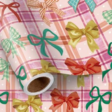 Imagem de LeZakaa Rolo de papel de embrulho de laço de Natal, design elegante de laço de fita rosa para meninas, mulheres, amigos, família, presentes de Natal, férias de inverno, mini rolo 43 x 16,4 pés